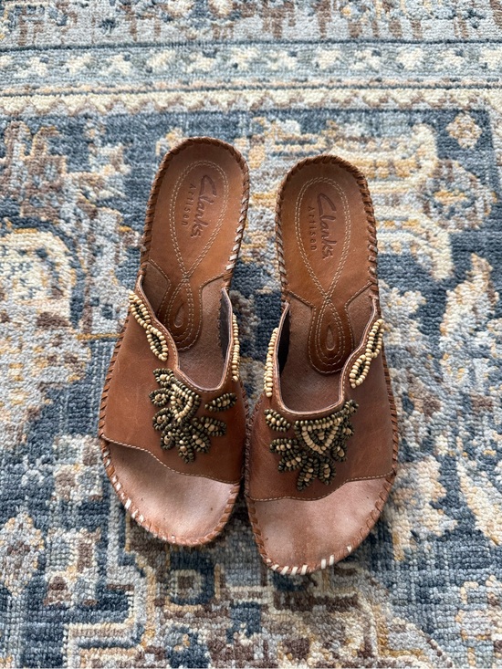 Clarks Shoes - Clarks Brown Beaded Leather Slide Mules